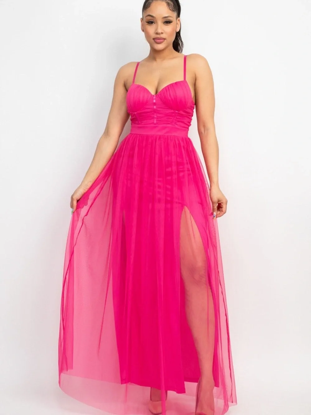 Sleeveless Hot Pink Maxi Dress with Thigh Slit - Picture 1 of 3